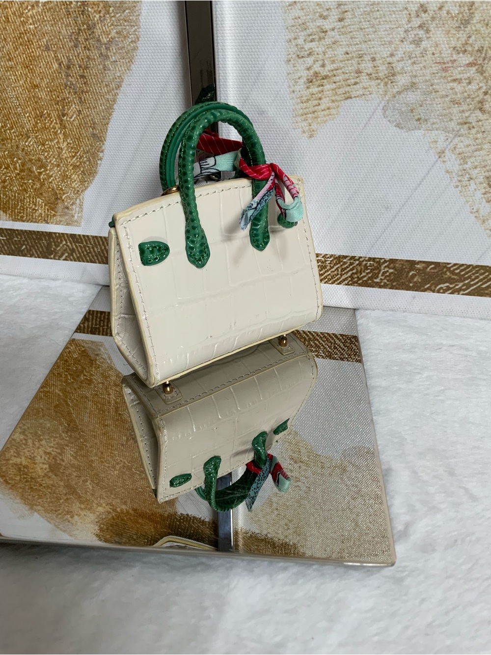 Cream and Green Mini Top-Handle Bag Charm - Picture 2 of 2